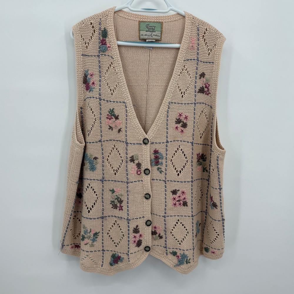 Alpine K Collection Vintage Floral Embroidered Knit Sweater Vest Tan Beige 18/20